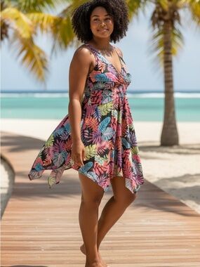 NWT: BloomChic Multi-Color Tropical Leaf one piece Handkerchief Hem Swim dress